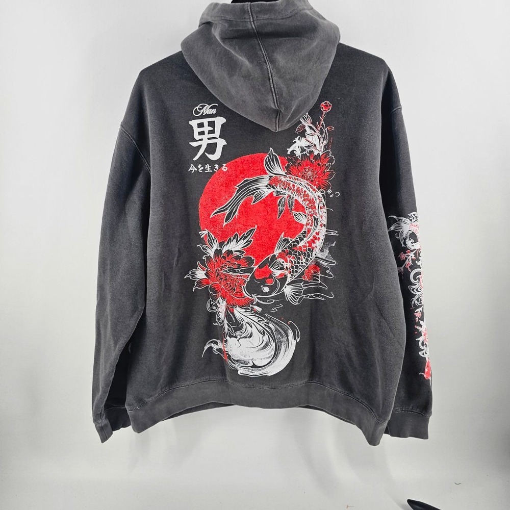 BoohooMAN Hoodie Mens Medium Grey New Koi Fish Japanese Graphic Acid Wash